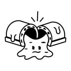 Liquid fillings come out from chocolate bar, doodle style icon 
