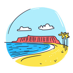 Simple minimalist drawing of Waikiki Beach. Waikiki Beach illustration in an doodle inca cartoon style