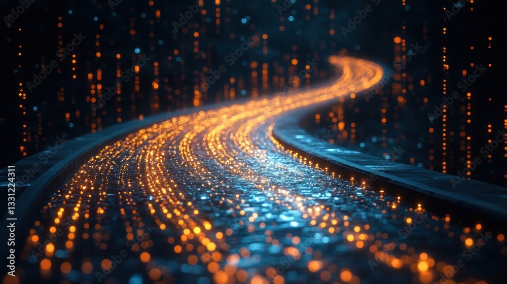Poster glowing trail of light particles curving on dark background.