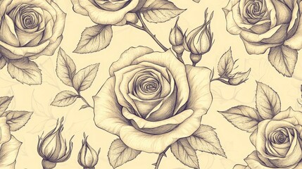Elegant Botanical Pattern of Delicate Roses in Soft Color Palette