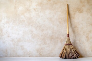 An upright broom leaning against a textured brown wall in a room