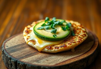 Warm and inviting image of a delicious Arepa with melted cheese and avocado