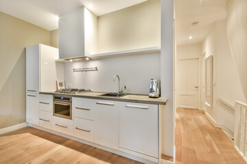 Contemporary kitchen showcasing sleek cabinetry, stylish fixtures, and an efficient layout. Features a light color palette and open space for a comfortable cooking environment.