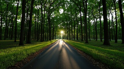 Sunlight streaming through trees on a serene road nature photography forest environment landscape view