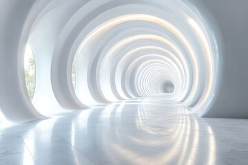 Obraz premium Abstract futuristic white empty room with light lines and corridor background, 3D rendering illustration.