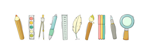 Icons of stationery for office and study in school. Cute objects - pencil, ruler, paints, brush and feather. Cartoon symbols of education supplies, vector hand drawn illustration
