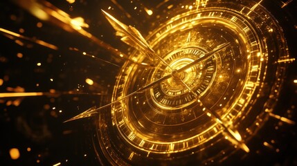 Obraz premium Golden compass with glowing arrows and particles, symbolizing direction and exploration.