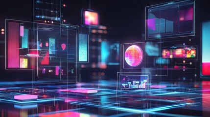Futuristic Digital Interface with Holographic Displays Showing Data Analytics and Network Visualization