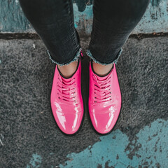 Feet of a young woman she's wearing flashy pink shoes and black jeans
