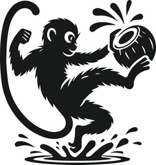 Monkey kicking a coconut vector silhouette