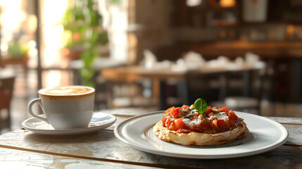 Authentic Spanish Café Setting Featuring Tostada with Fresh Ingredients and Coffee Cup on Rustic Table