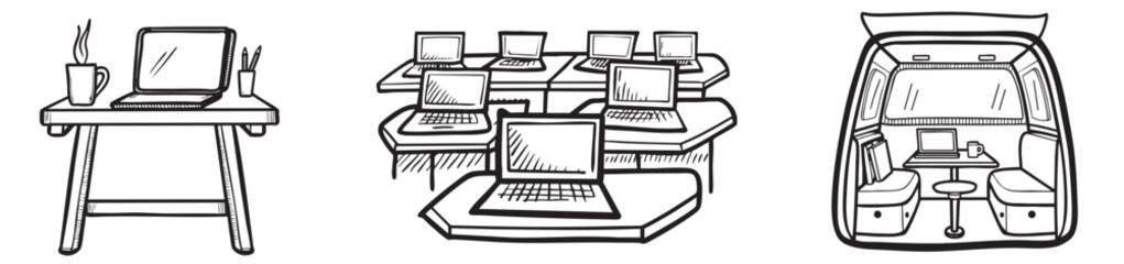 Digital nomad collection. Illustration of different workspaces and desk setups featuring computers.