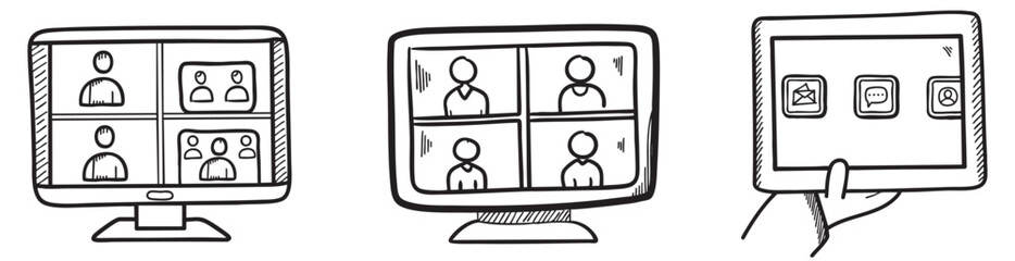Digital nomad collection. Screens displaying video calls and digital interactions in a sketch style.