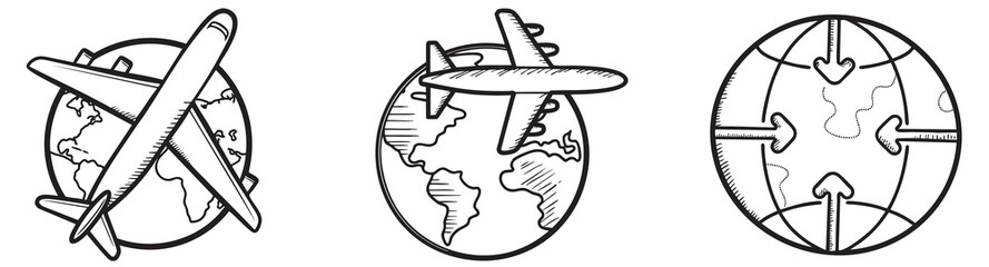 Digital nomad collection. Airplanes and globe illustrations representing travel and global connectivity.