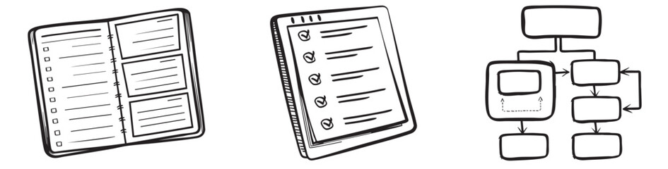 Digital nomad collection. Three illustrated notepads and a flowchart layout on a simple background.