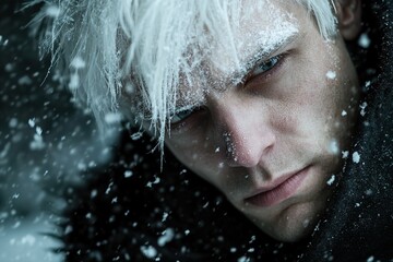 Photo of an attractive young man with messy hair and long blonde curls covered in snow, wearing thick woolen , looking straight ahead with closed eyes, standing on the top of a snowy mountain, with co
