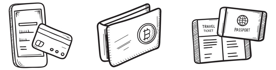 Digital nomad collection. Illustration of digital payment methods and wallets.