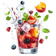 A fresh red fruit cocktail with ice and mint in a glass, a sweet summer refreshment