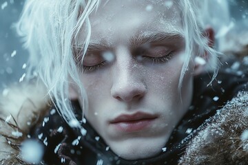 Photo of an attractive young man with messy hair and long blonde curls covered in snow, wearing thick woolen , looking straight ahead with closed eyes, standing on the top of a snowy mountain, with co