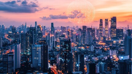 Fototapeta premium Cityscape at dusk with digital sphere