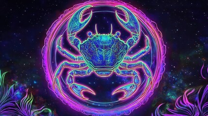 Neon Crab Zodiac Sign in Cosmic Background
