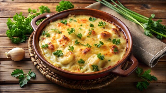 Freshly baked chicon au gratin in rustic dish on wooden counter, comfort food