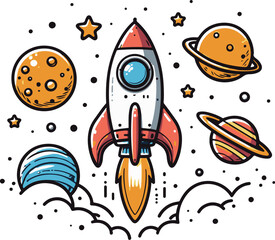 Cartoon rocket ship launching into space