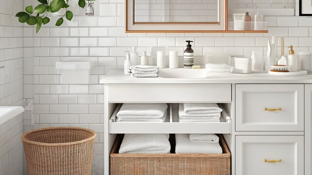 A built-in laundry drawer with a tiered storage system for laundry essentials and extra supplies.