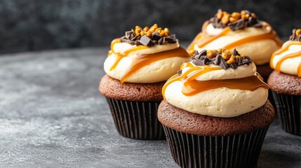 Decadent Chocolate Cupcake Bringing Sweet Happiness, Delicious cupcakes topped with caramel, chocolate, and crunchy treats on a dark background.
