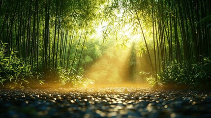 Obraz premium Sunlit Bamboo Forest Path: A Serene Escape