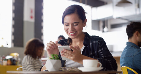 Smile, network and woman in cafe, smartphone and typing with connection, funny meme and relax. Person, texting or girl in restaurant, coffee and cellphone with digital app, communication and internet
