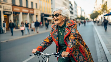 Naklejka premium An elderly woman with a joyful smile rides a bicycle along a busy street. A bright outfit and sunglasses emphasize her style and cheerfulness.