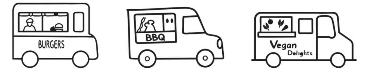 Food truck collection offering various cuisines in a playful illustration style.