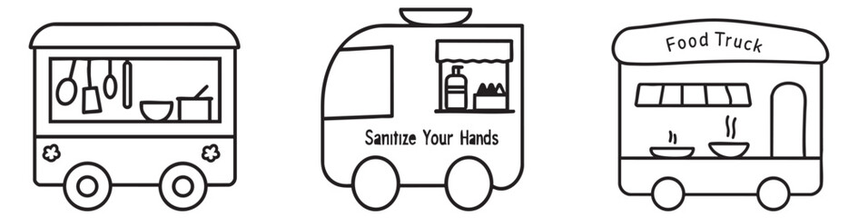 Food truck collection. Three illustrated in various styles offering snacks and meals.