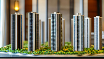 Obraz premium In the foreground is a model of a detached high-rise building, symbolizing the concept of real estate. The composition illustrates the themes of buying real estate.