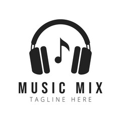 Modern music logo with stylish headphones and text in black color. Perfect for music projects, DJs, recording, podcasts, radio, streaming services, online platforms, festivals and blogs