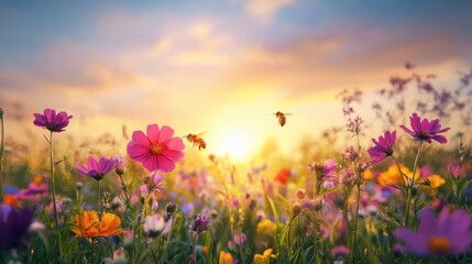 Vibrant wildflowers bloom in a sunset field, bees in flight. Perfect for spring, summer, or nature themes, evokes peace and tranquility.