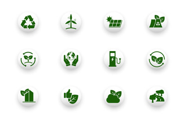 Icon set with green energy icons, leaves, green buildings, environmental protection, charging stations. Solid vector icons.