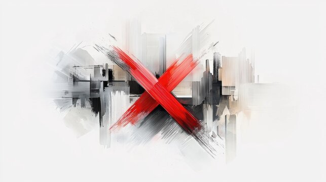 Abstract cityscape with red cross detailing.