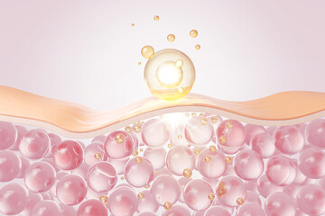 Liquid Bubble Oil with Molecule drop on skin cell.serum through the skin layer and reduce up saggy skin, 3d rendering.