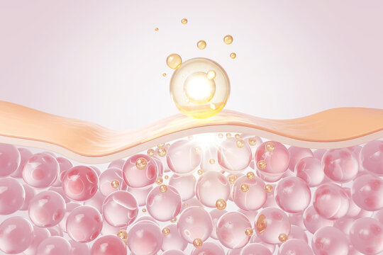 Liquid Bubble Oil with Molecule drop on skin cell.serum through the skin layer and reduce up saggy skin, 3d rendering.