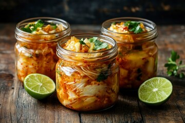 Kimchi in Glass Jars with Lime on Rustic Wooden Table