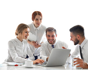 Fototapeta premium Group of business partners discussing ideas and planning work on a transparent background