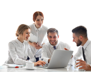 Group of business partners discussing ideas and planning work on a transparent background