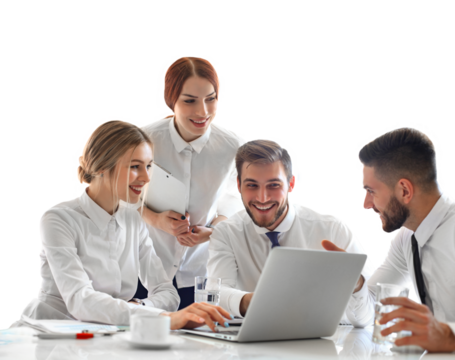 Group of business partners discussing ideas and planning work on a transparent background