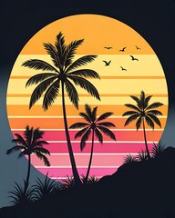 Fototapeta premium Silhouetted Palm Trees Bask In A Vibrant Sunset, Evoking A Sense Of Tranquil Escape And Tropical Paradise With Bold Graphic Lines And A Retro Sunburst Backdrop