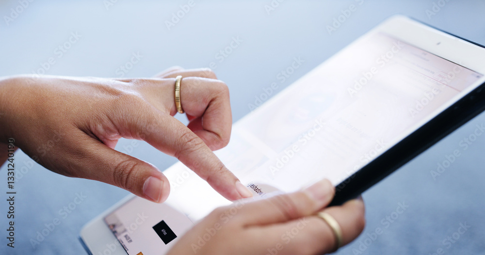 Poster finger, search and tablet screen with business person closeup in office for connectivity. app, inter