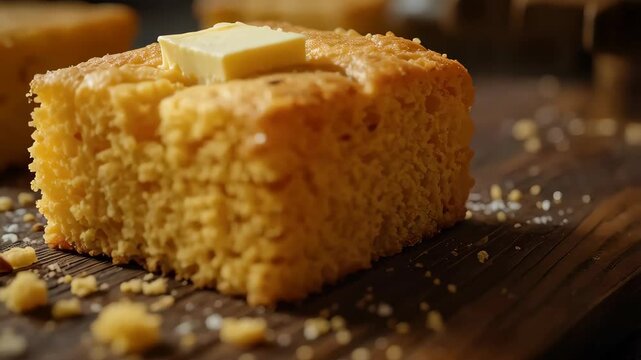 Delicious Golden Cornbread with Butter Rustic Wooden Background Homemade Baked Treat