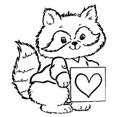 Cute Raccoon Cartoon Holding Heart, Retro Vector Illustration, Scalable
