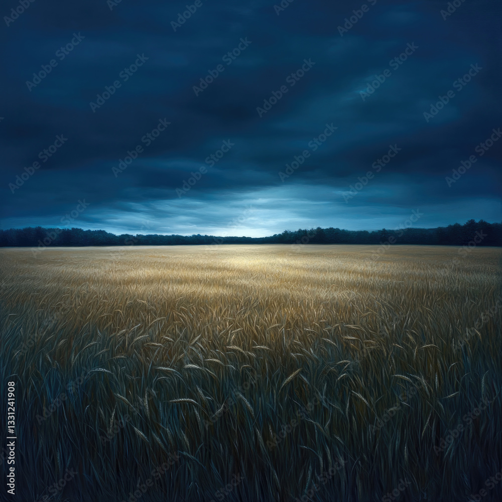 Poster serene wheat field under moody evening sky, illuminated by soft light